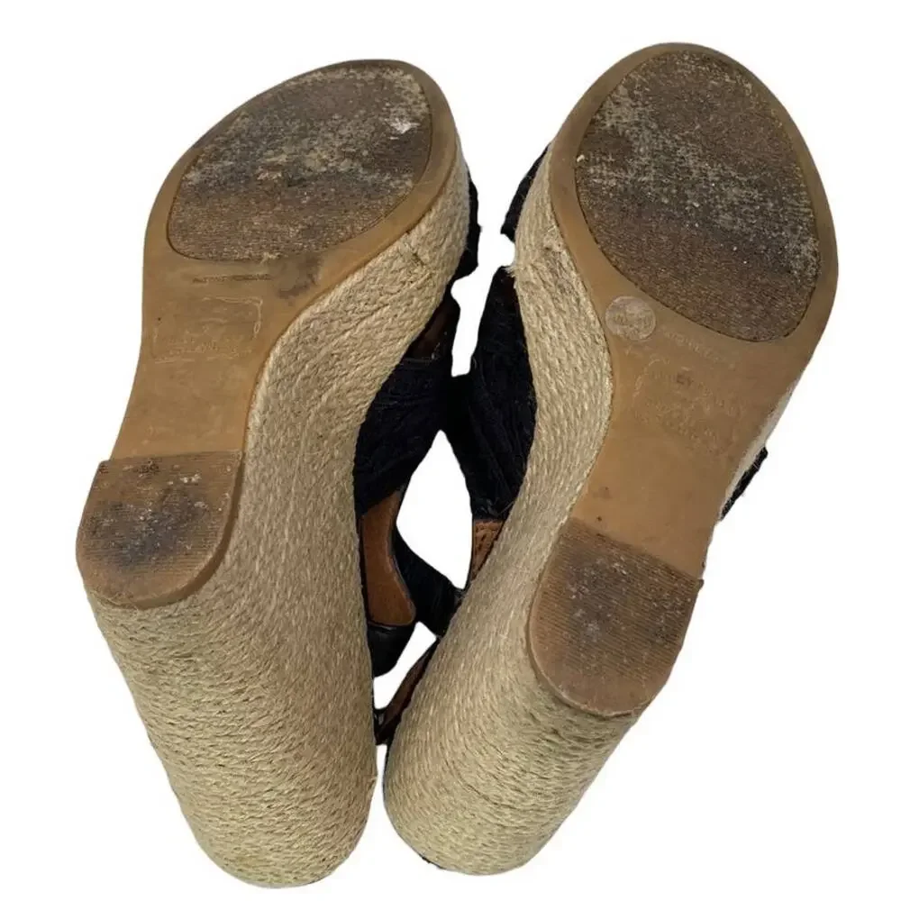 Lucky Brand Ridgeview Rita Black Macrame Lace Platform Wedge Sandals 8M Box